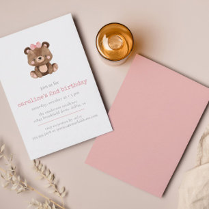 Cute Pink Woodland Bear Girl Birthday Invitation