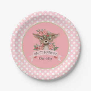 Cute Pink Woodland Deer Birthday Party for Girl Paper Plate