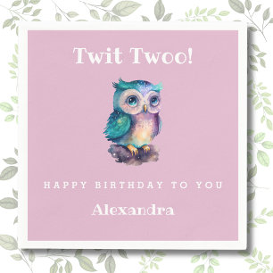 Cute Pink Woodland Owl Kids Birthday Napkin