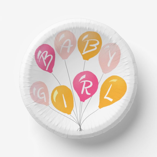 Cute Pink Yellow Balloons Baby Girl Baby Shower Paper Plate (Front)