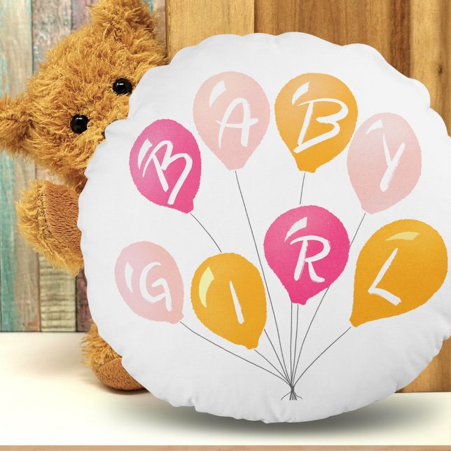 Cute Pink Yellow Balloons Baby Girl Baby Shower Round Cushion (Creator Uploaded)