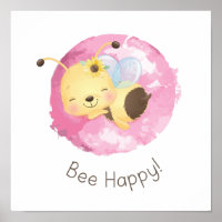Cute Pink/Yellow Bee Happy Girls Nursery Wall Art 