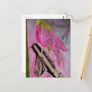 Cute Pink Yellow Bird and Vintage Plane Collage Postcard
