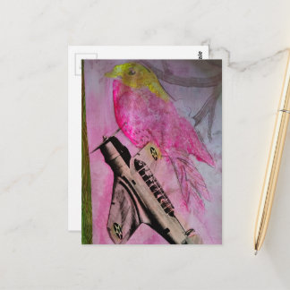 Cute Pink Yellow Bird and Vintage Plane Collage Postcard