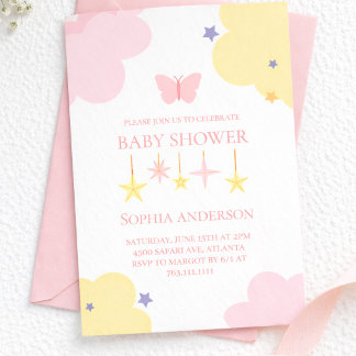 Cute Pink Yellow Cloud Stars Baby Shower  Invitation