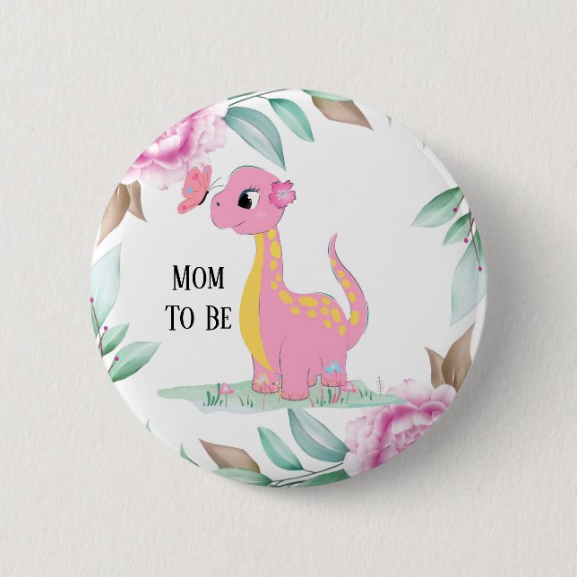 Cute Pink Yellow Dinosaur Butterfly Baby Shower 6 Cm Round Badge (Front)