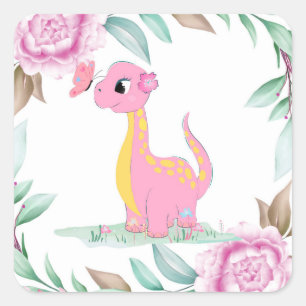 Cute Pink Yellow Dinosaur Butterfly Baby Shower Cl Square Sticker
