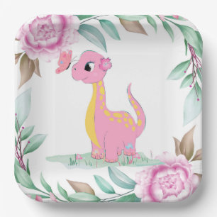 Cute Pink Yellow Dinosaur Butterfly Baby Shower Paper Plate