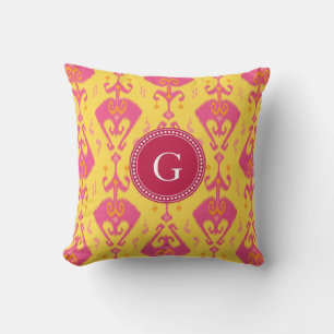 Cute pink yellow ikat tribal pattern monogram cushion