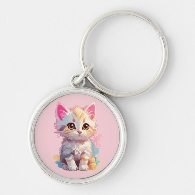 Cute Pink Yellow Kawaii Kitten Key Ring (Front)