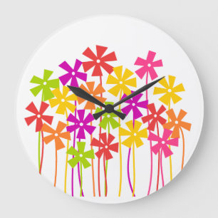 Cute pink yellow orange simple flowers drawing  large clock