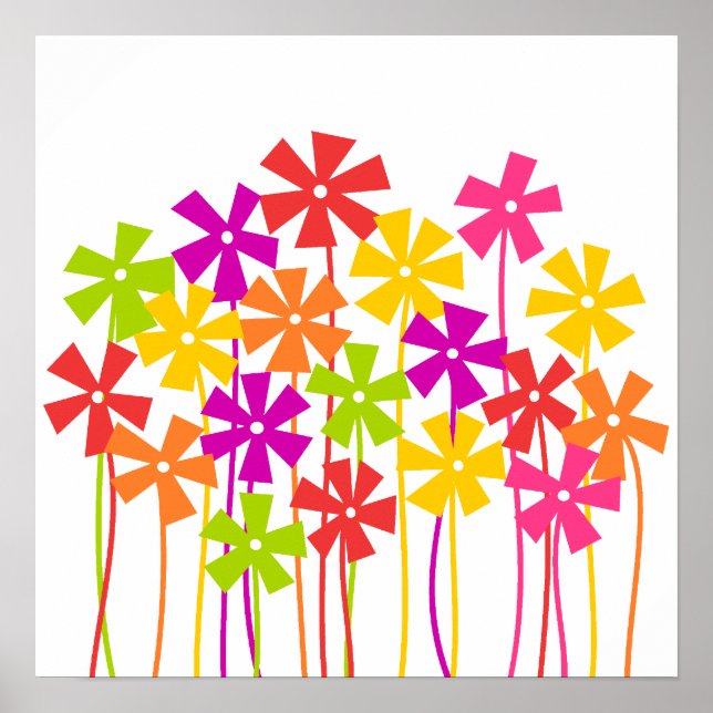 Cute pink yellow orange simple flowers drawing  poster (Front)