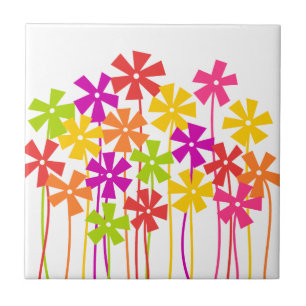 Cute pink yellow orange simple flowers drawing  tile