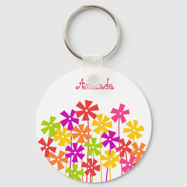 Cute pink yellow orange simple flowers name  key ring (Front)