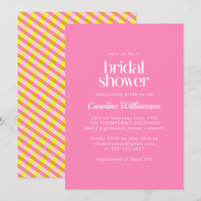 Cute Pink Yellow Plaid Pattern Bridal Shower Invitation (Front/Back)