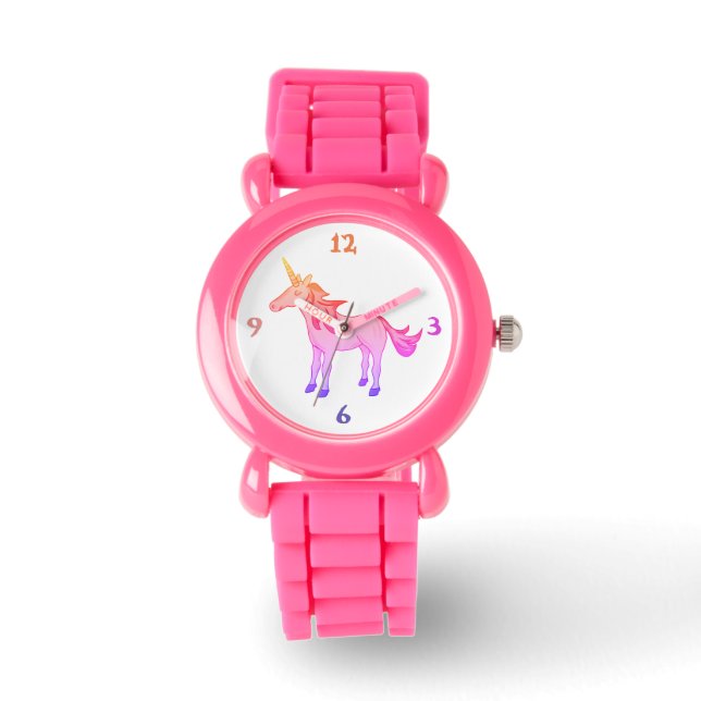 Cute Pink Yellow Rainbow Unicorn Girly Watch (Front)