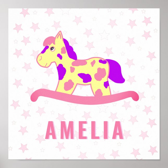 Cute Pink Yellow Rocking Horse Star Kids Name Poster (Front)