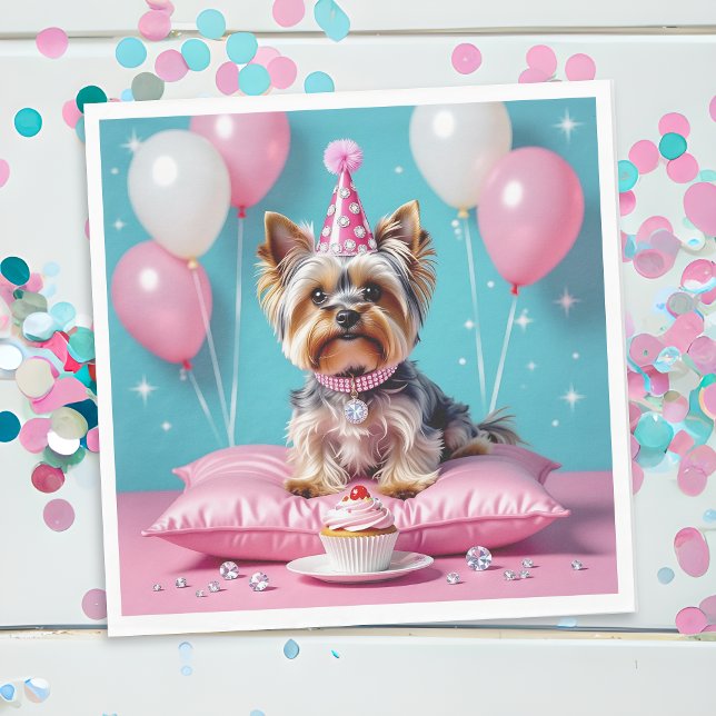 Cute Pink Yorkie Birthday Napkin (Creator Uploaded)