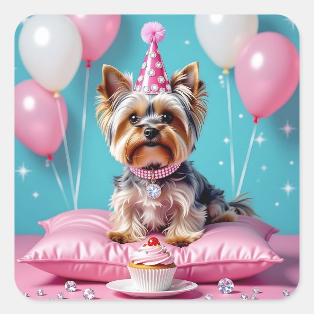 Cute Pink Yorkie Birthday Square Sticker (Front)