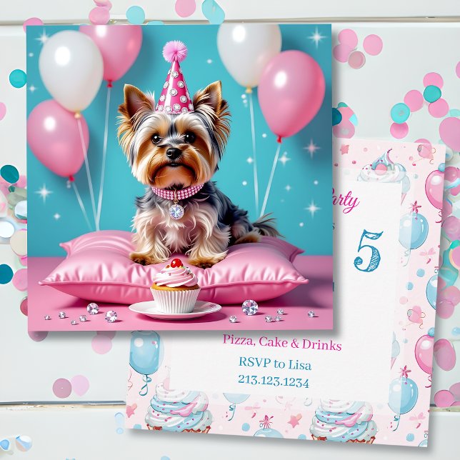 Cute Pink Yorkie Girl's  Birthday Party Invitation (Creator Uploaded)