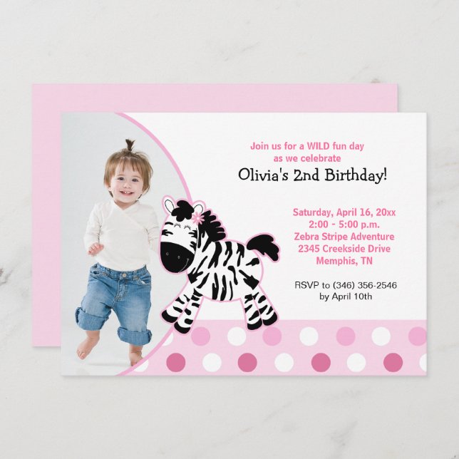 Cute Pink Zebra Girl Photo Birthday Invitation (Front/Back)