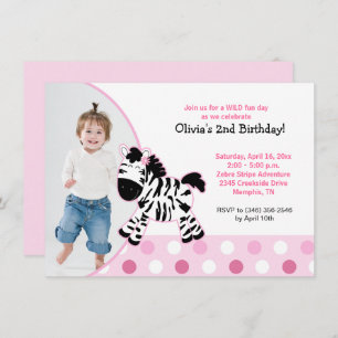 Cute Pink Zebra Girl Photo Birthday Invitation