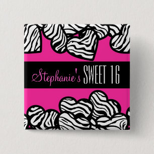 Cute Pink zebra heart Sweet 16 Birthday Button