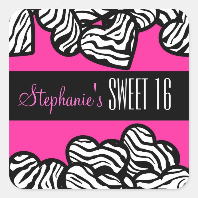Cute Pink zebra heart Sweet 16 Birthday sticker (Front)