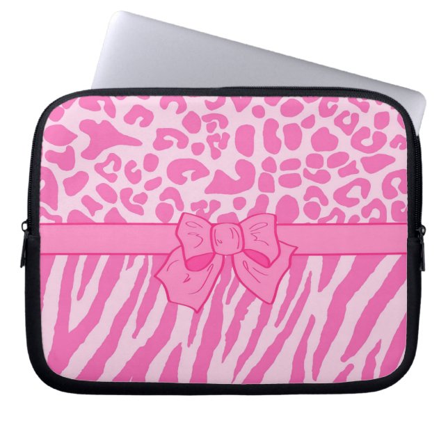 Cute Pink Zebra Leopard Animal Print and Girly Bow Laptop Sleeve (Front)