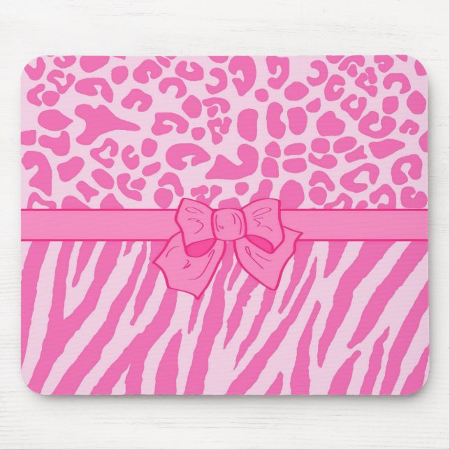 Cute Pink Zebra Leopard Animal Print and Girly Bow Mouse Mat (Front)