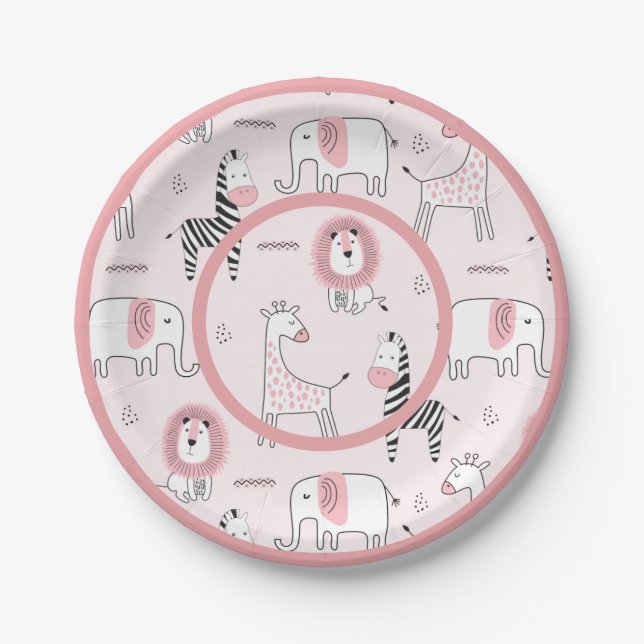Cute Pink Zoo Animals Zebra Baby Shower Paper Plate (Front)