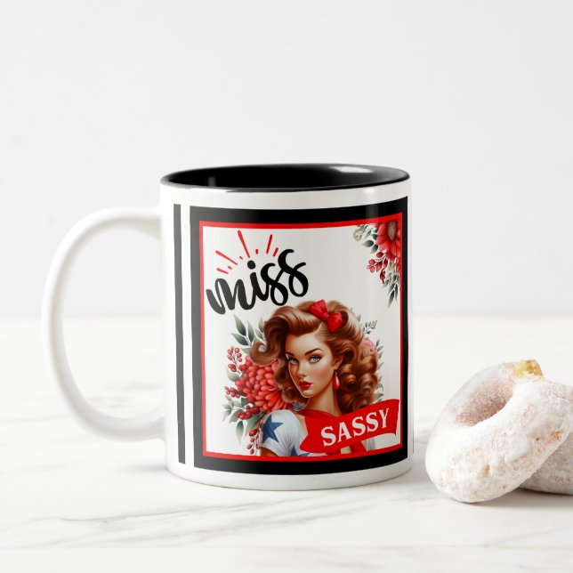 Cute Pinup_ Miss Sassy Two-Tone Coffee Mug (With Donut)