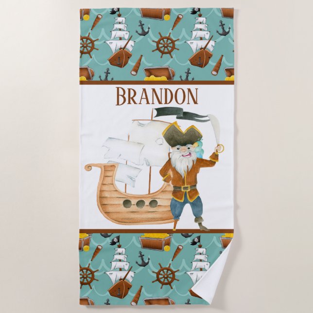 cute pirate add name kids beach towel (Front)