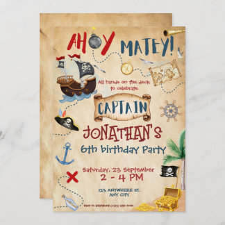 Cute Pirate Birthday Parchment watercolor Invitation