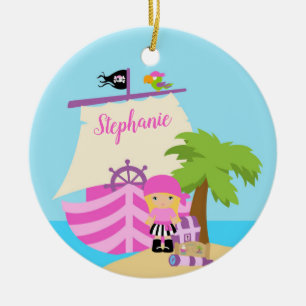 Cute Pirate Blonde Girl & A Big Ship Custom Name Ceramic Tree Decoration