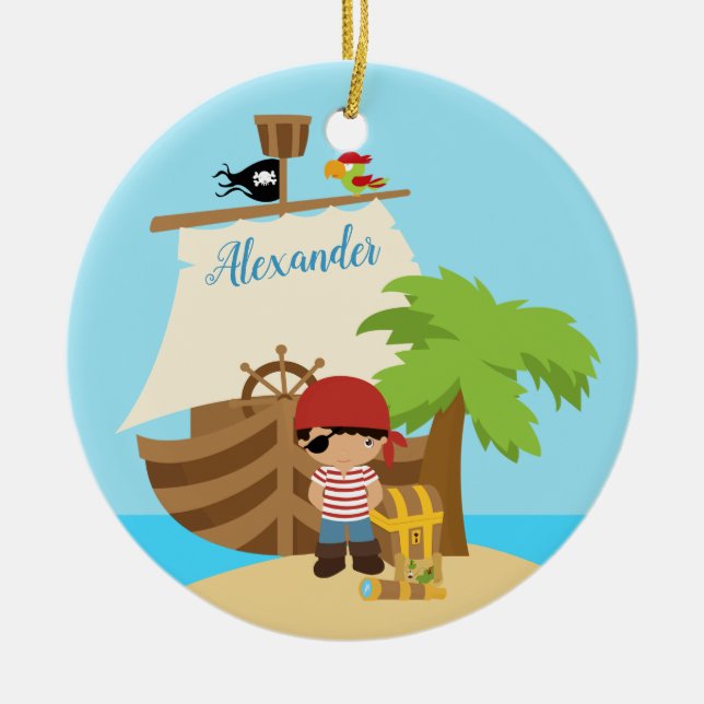 Cute Pirate Boy & A Big Ship Custom Name Ceramic Tree Decoration (Front)