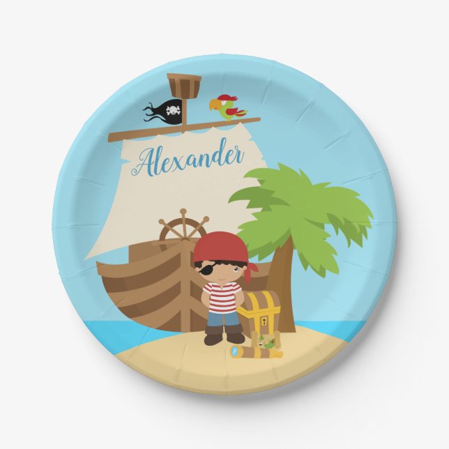 Cute Pirate Boy & A Big Ship Custom Name Paper Plate (Front)