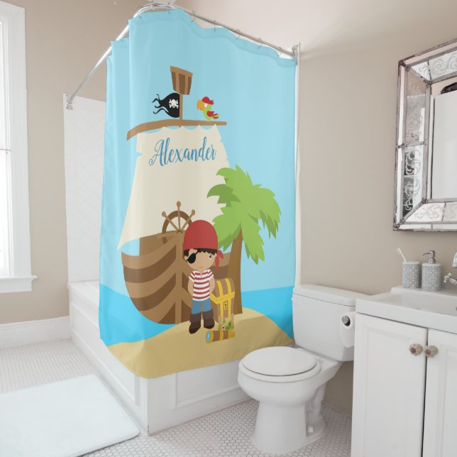 Cute Pirate Boy & A Big Ship Custom Name Shower Curtain (In Situ)