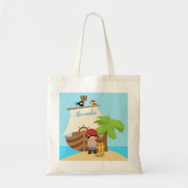 Cute Pirate Boy & A Big Ship Custom Name Tote Bag (Front)