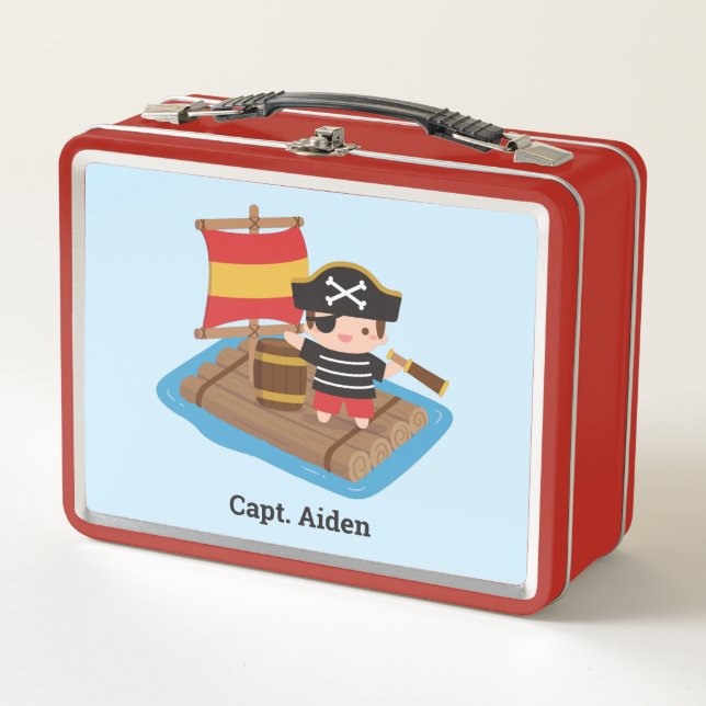 Cute Pirate Boy Captain On Raft Kids Personalised Metal Lunch Box (Front)