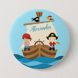 Cute Pirate Boys & A Big Ship Custom Name 7.5 Cm Round Badge