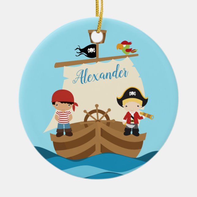 Cute Pirate Boys & A Big Ship Custom Name Ceramic Tree Decoration (Front)