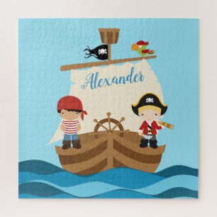 Cute Pirate Boys & A Big Ship Custom Name Jigsaw Puzzle