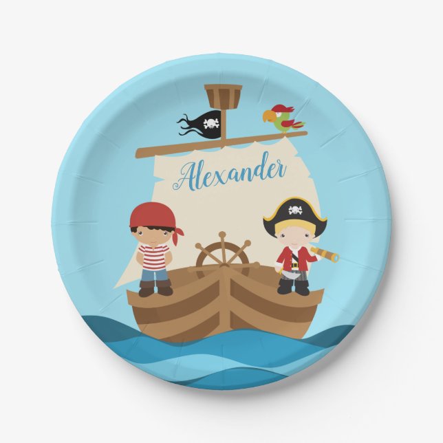 Cute Pirate Boys & A Big Ship Custom Name Paper Plate (Front)