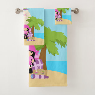 Cute Pirate Brunette Girl & A Big Ship Custom Name Bath Towel Set