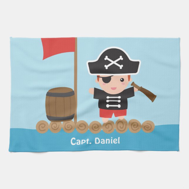 Cute Pirate Captain Ocean Raft Boy Tea Towel (Horizontal)