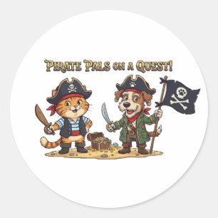 Cute Pirate Cat and Dog Quest Classic Round Sticker