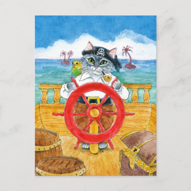 Cute Pirate Cat Budgie Caribbean Sea Ship postcard (Front)
