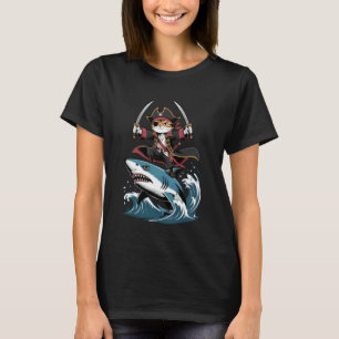 Cute Pirate Cat Riding a Shark Funny Halloween Cos T-Shirt