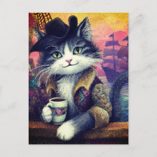 Cute Pirate Cat With a Coffee Postcard